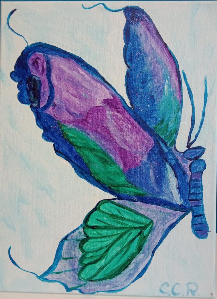 Painting of a butterfly with a blue segmented body and purple, green and blue wings.